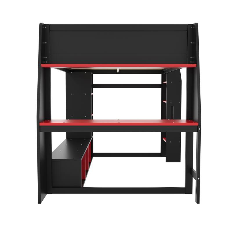 Wood Full Size Gaming Loft Bed with Desk, Cabines Shelves, LED and Clothes Rack, Black