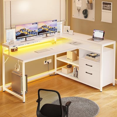 55" Computer Desk 2 Drawers L Shaped Gaming Desk LED Lights