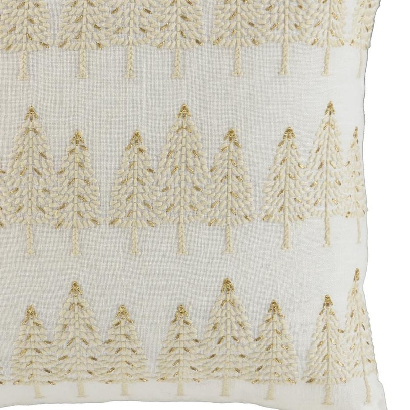 18" Ivory And Gold Cotton Christmas Trees Throw Pillow With Embroidery