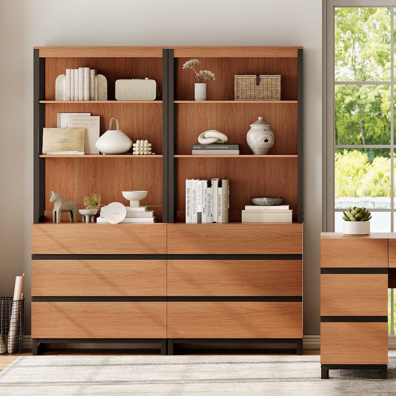 WAMPAT Modern 72" Tall Bookcase with Drawers and Open Book Shelfs, Library Book Shelf for Home Office, Living Room