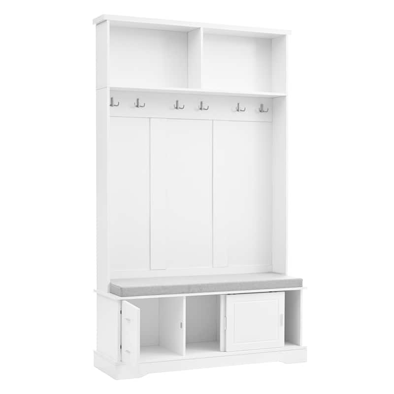 Entryway 3-in-1 Hall Tree with Storage Bench & Sliding Doors, Shoe Cabinet Coat Rack with Cushioned Seat & Anti-Tip