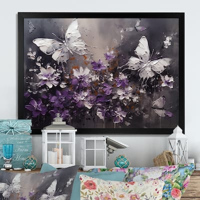 Designart "Purple And White Butterfly Wings And Flowers" Floral Framed Wall Decor