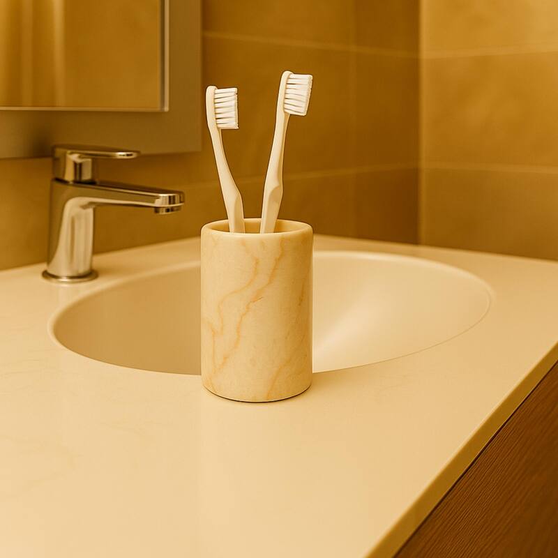 Creative Home Fenway Collection Champagne Marble Tumbler, Toothbrush Holder, Makeup Brush Organizer - Beige