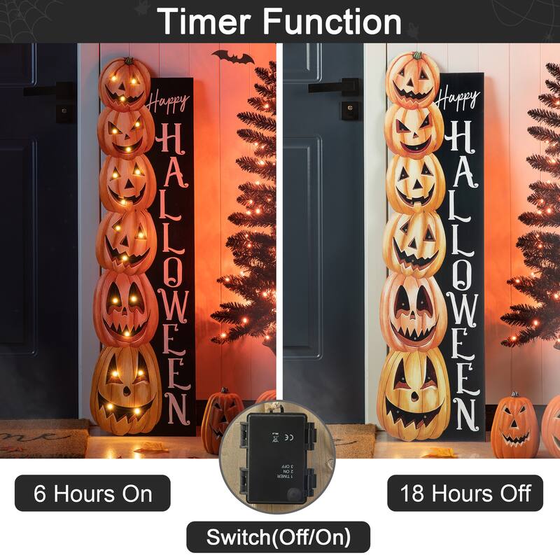 Glitzhome 42"H Lighted Halloween Wooden Pumpkins Porch Sign with Timer
