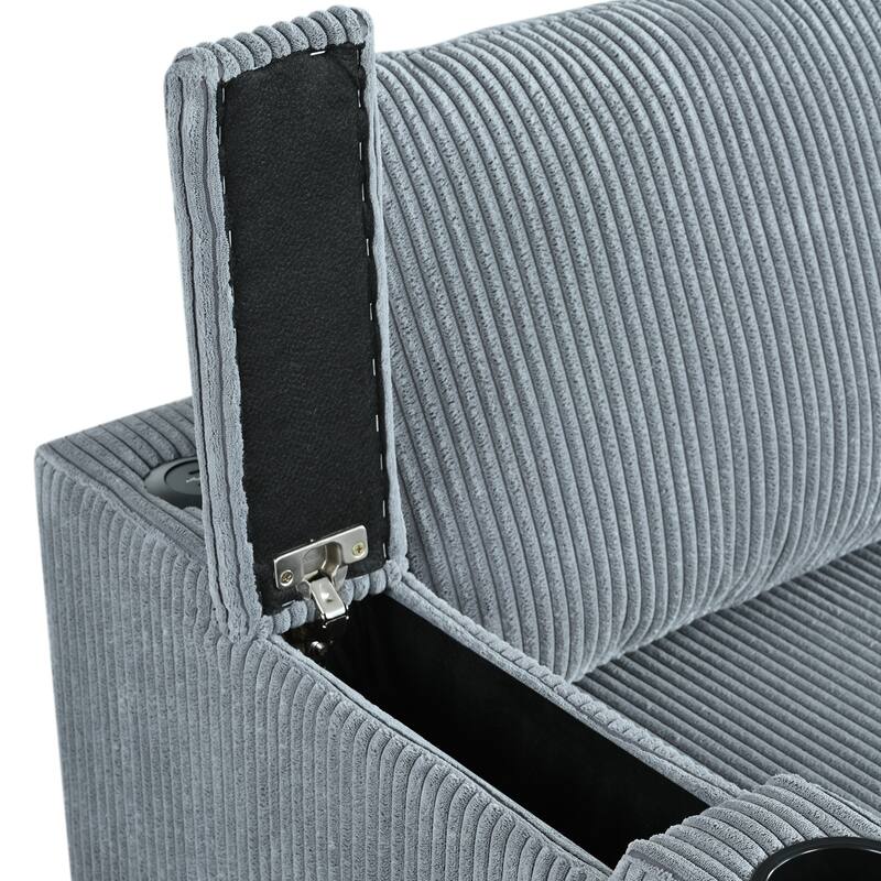 Reversible L-Shaped Sectional Sofa with Storage Chaise, USB Ports, Arm Cup Holder, Modern Corduroy Sleeper Couch for Living Room