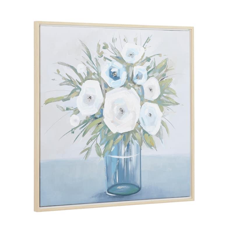 Multi Colored Canvas Bouquet Floral Framed Wall Art with Tan Frame