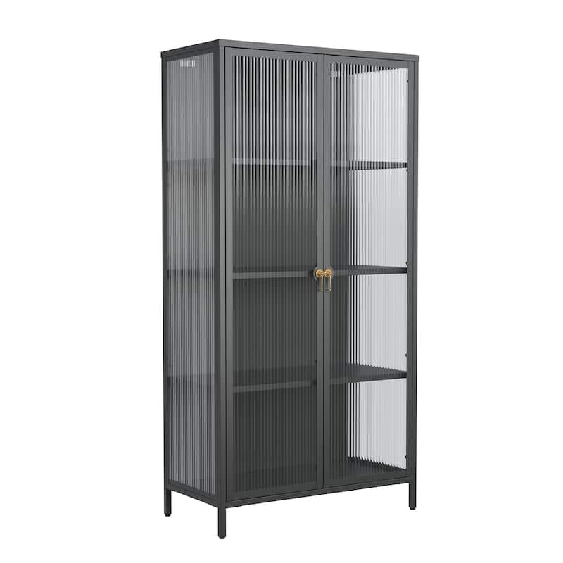 Benoite 63.05-inch Black Two Door Metal Storage Cabinet with Fluted Clear Doors and Gold Handles - 63.05