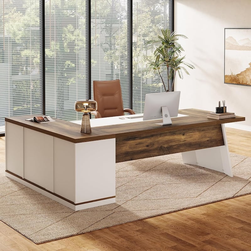 Modern 78.7" L-Shaped Executive Desk with 55.1" Storage Cabinet, Office Desk Large Computer Table