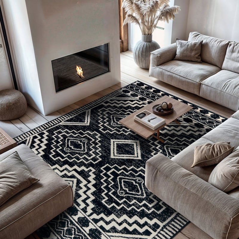 Contemporary Distressed Geometric Area Rug - Black - 7' 10" x 10'