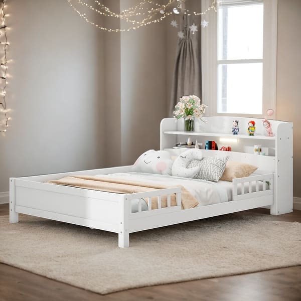slide 2 of 9, Wood Full Size Platform Bed with LED Light, Storage Headboard, and Guardrail, White