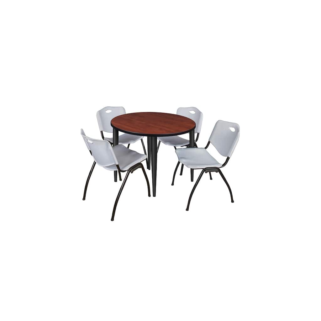 36 in. Round Breakroom Table- Cherry Top, Black Base & 4 M Stack Chairs- Grey