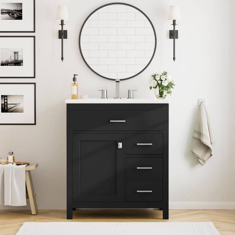 Compact 30-Inch Black Bathroom Vanity with Ceramic Sink, 3 Storage Drawers, Soft-Close Doors, Adjustable Shelf