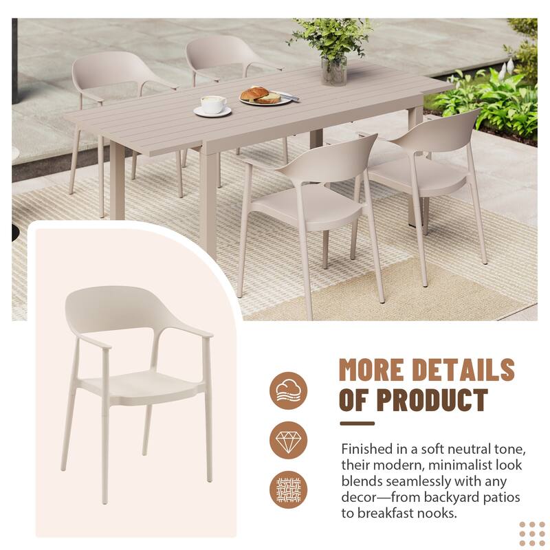 Outdoor Dining Set 5-Piece Stackable Plastic Lightweight Curved Backrest Armchair and Extendable Dining Table