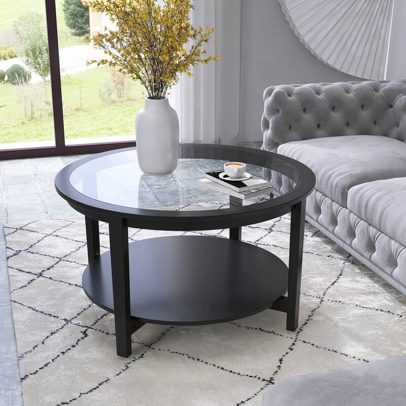 Round Coffee Table With Glass Top and Storage - Black