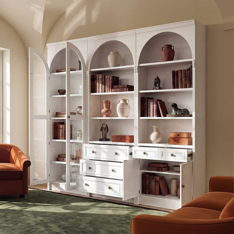 Modular White Bookcase with LED Lights & Glass Doors, 86.6" Tall Arched Display Cabinet Solid WoodStorage Cabinet