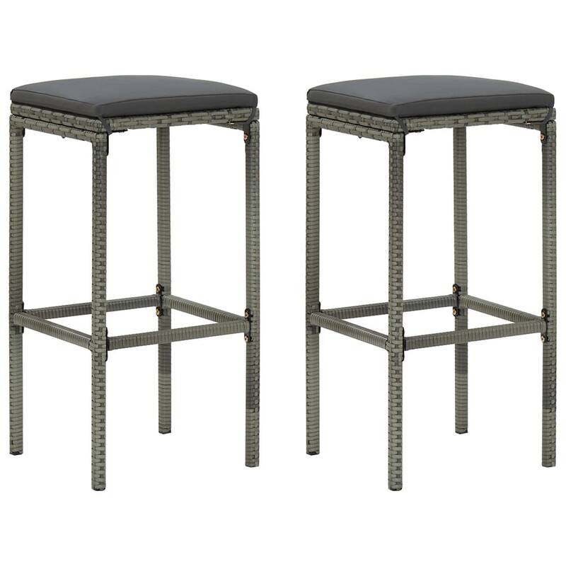 Outdoor Barstool Set of 2 with Cushions, Gray Poly Rattan and Steel