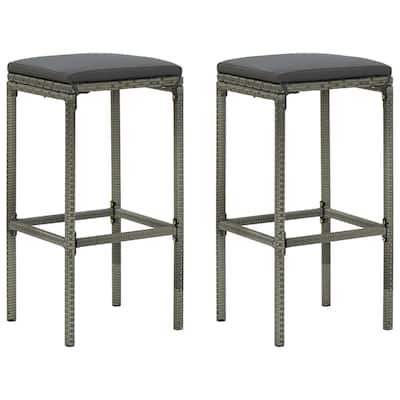 Outdoor Barstool Set of 2 with Cushions, Gray Poly Rattan and Steel