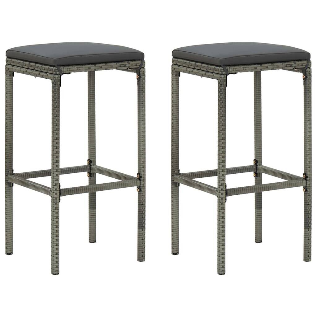 Outdoor Barstool Set of 2 with Cushions, Gray Poly Rattan and Steel