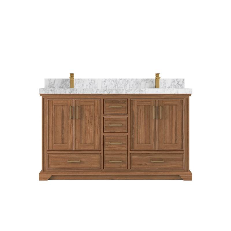 Willow Collections 60 in. W x 22 in. D Charlotte Teak Double Sink Bathroom Solid Teak Vanity with Countertop - 2”Carrara Marble - Dark Natural