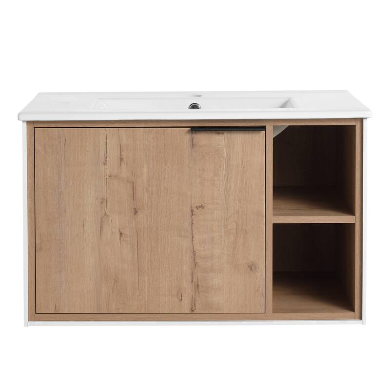 Modern 30'' Wall-Mounted Vanity with Ceramic Basin, Soft-Close Door, Durable Eco-Friendly Plywood - 30in L Plywood