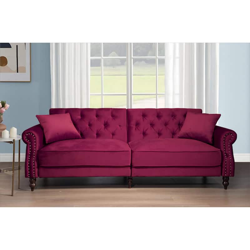 87.8'' Convertible Velvet Sofa Bed Sleeper Futon - Wine Red