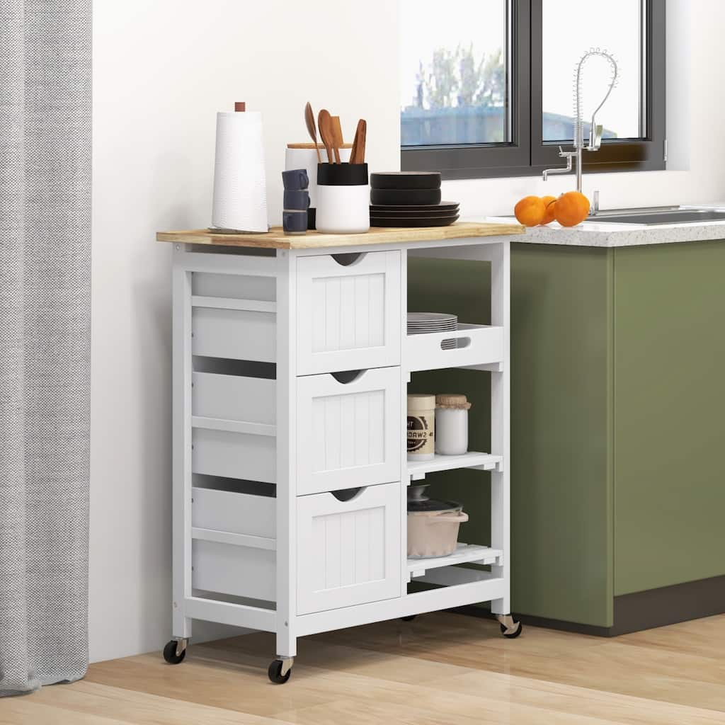 White Wood Kitchen Cart with Drawers, Shelves, Tray and Wheels - 26.5" W x 14.5" D x 33.75" H
