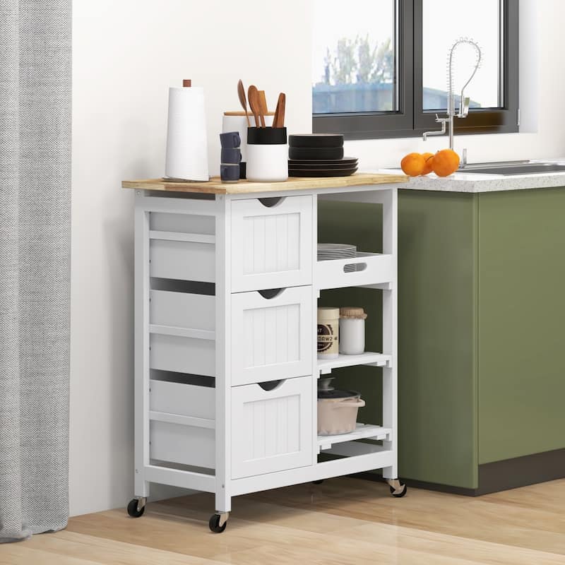 Rolling Kitchen Island Cart, Bar Serving Cart with Wood Top, Shelves & Drawers for Home Dining Area
