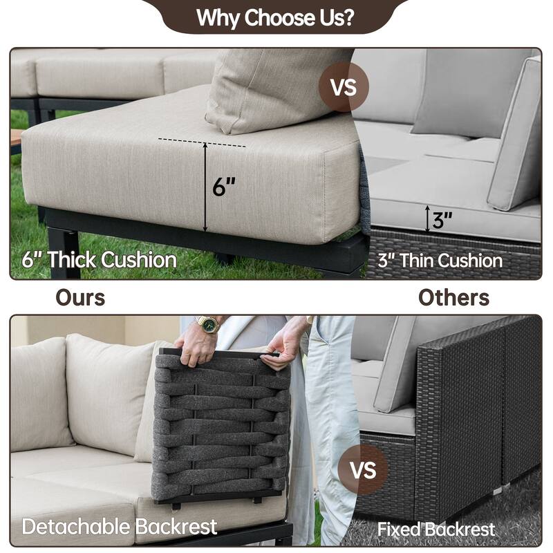 9 Pieces Outdoor Patio Furniture Set with Aluminum Fire Pit Table, Patio Fire Pit Set with 6" Thick Cushions - 9-Piece