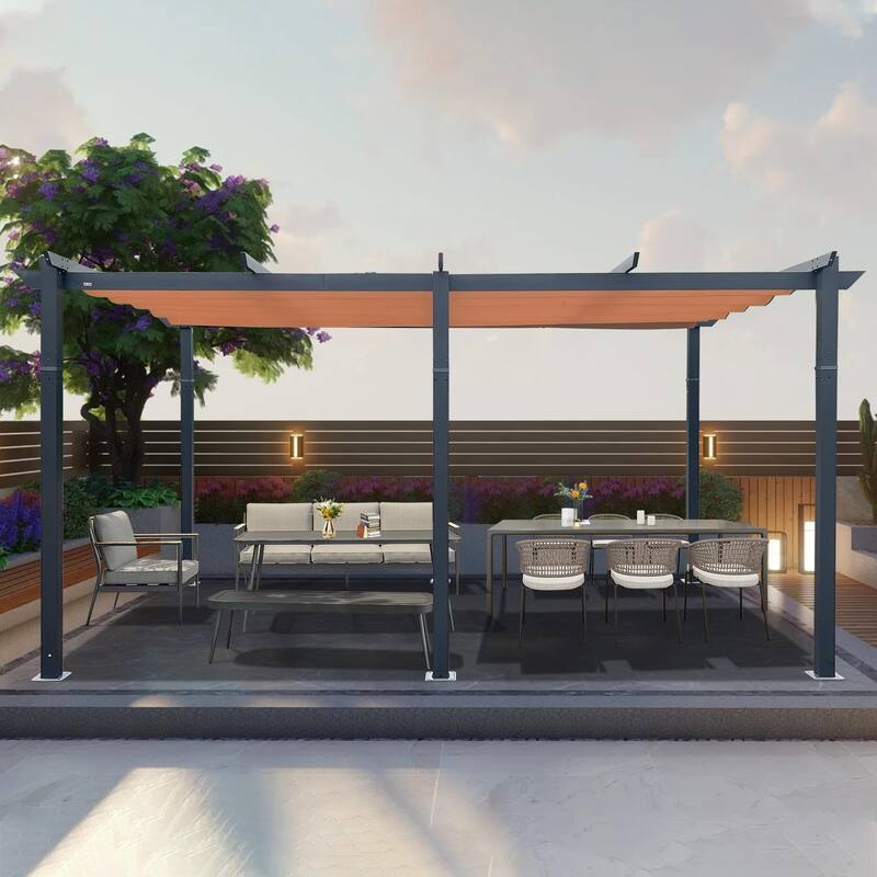 GDFStudio - Jonathan Miller Retractable Pergola with Weather-Resistant Canopy for Outdoor Living Spaces - 11 X 16 FT - khaki