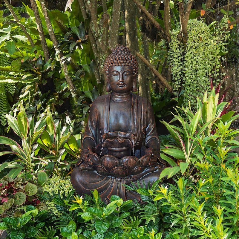 Glitzhome Meditating Buddha Patio Floor Fountain with Lotus and LED