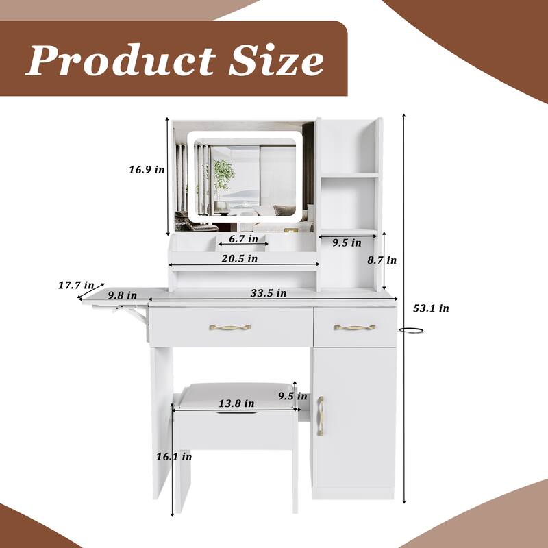 Vanity Desk with LED Mirror & Power Outlet, Makeup Dressing Table