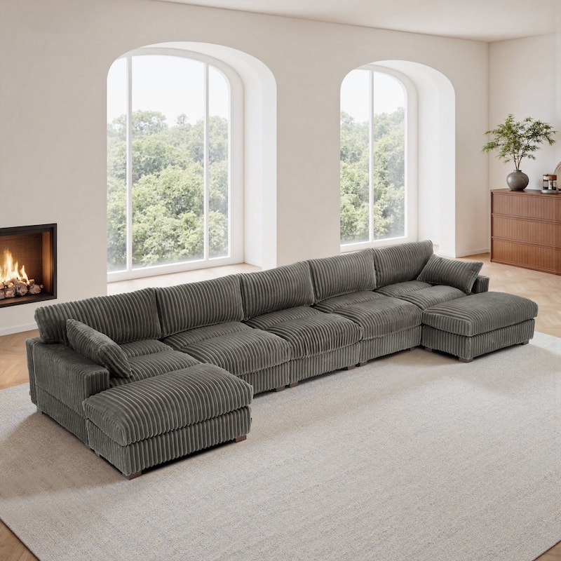 Modern Oversized Plush Corduroy Modular Sectional Sofa with 2 Ottomans