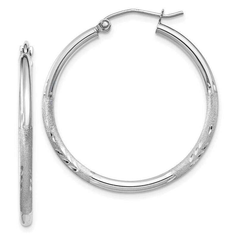 Curata 14k White Gold Satin and Sparkle Cut Round Hoop Earrings - 30x30mm