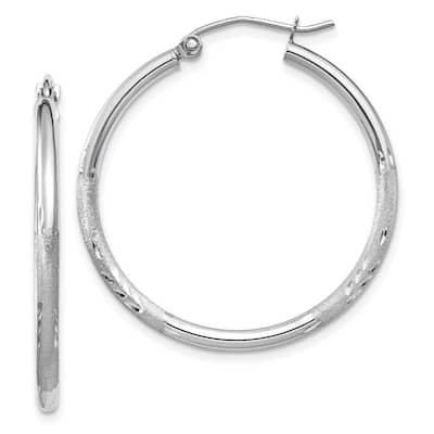 Curata 14k White Gold Satin and Sparkle Cut Round Hoop Earrings - 30x30mm