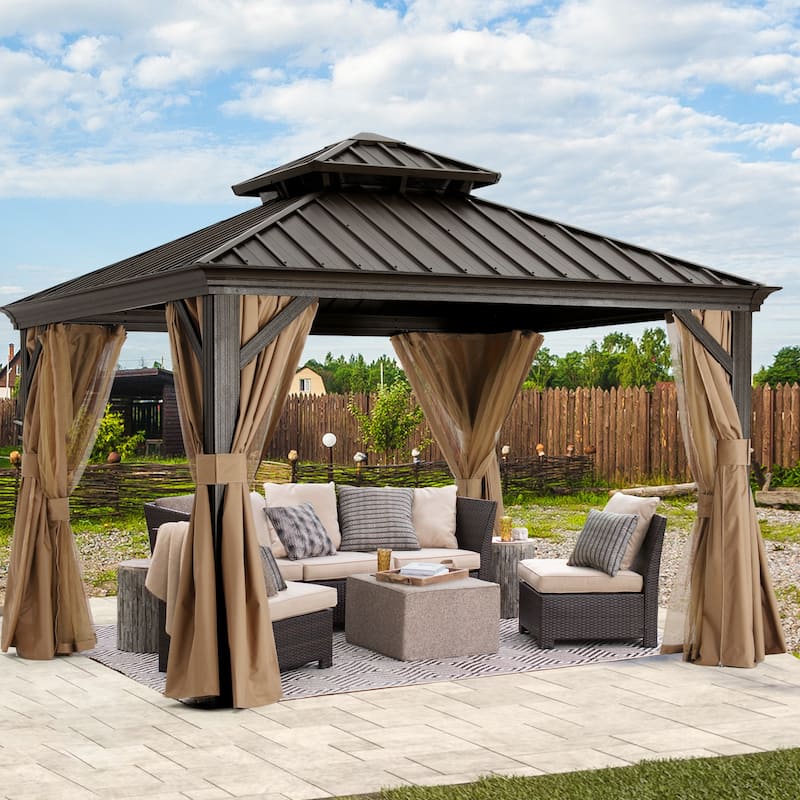 ABCCANOPY Outdoor Hardtop Gazebo with Galvanized Steel Double Roof - 12x12 - Khaki