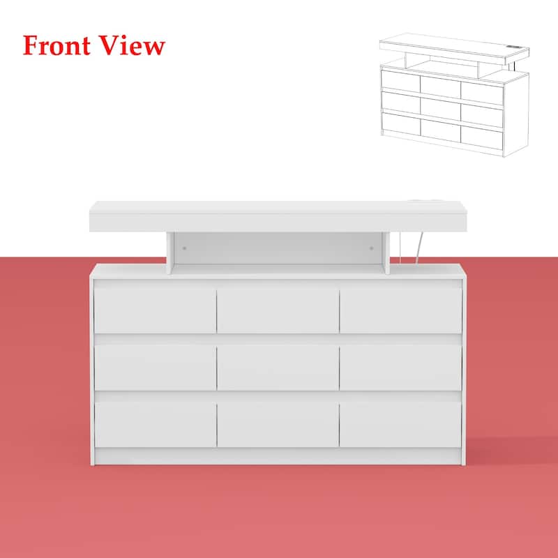 Modern 9-Drawer Dresser with RGB LED Lights and Built-in Power Strip - White Storage Chest