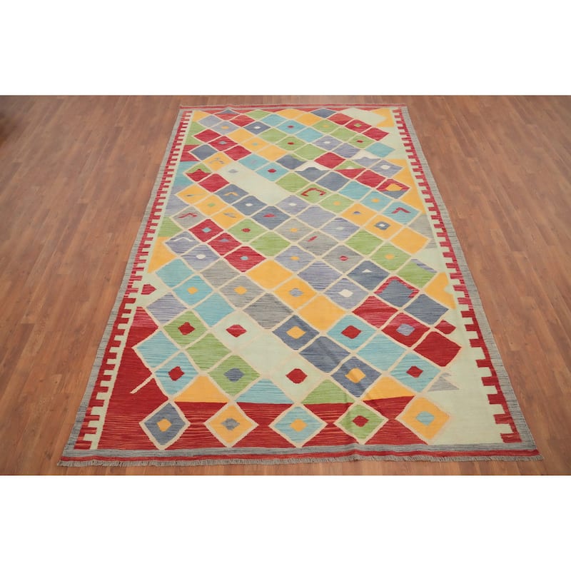 Hand Woven Oriental 100% Wool Carpet Southwestern All-Over Multi-Colored Kilim Area Rug - 9' 11'' X 6' 7''