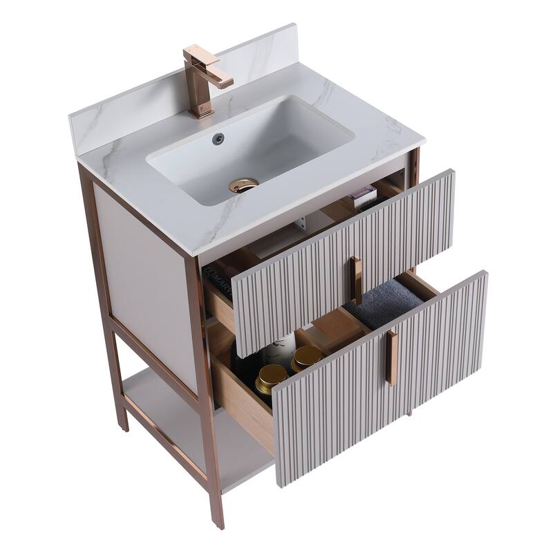 Fine Fixtures Serenity Modern Bathroom Vanity with White Carrara Stone Top - Bright Taupe - Brass Hardware - 24 inch