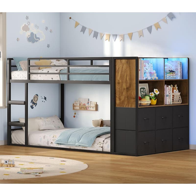 Twin Size Low Loft Bed 6 Fabric Storage Drawers LED Lights Twin Over Twin Bunk Bed - Black & Vintage Brown