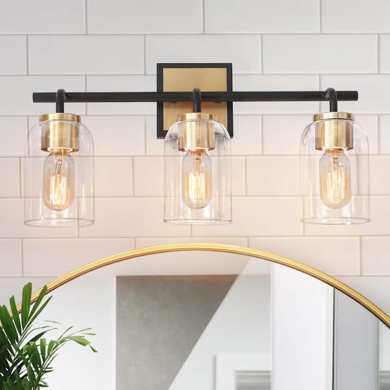 Modern Farmhouse Bathroom Vanity Light Black Gold Cylinder Glass Wall Sconce - 3-Light