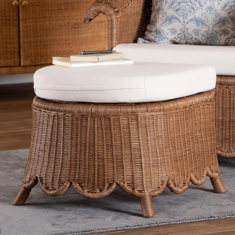 Detta Natural Rattan Footstool with Cushion - Handwoven Wicker Ottoman with Scalloped Skirt Base for Coastal Seating