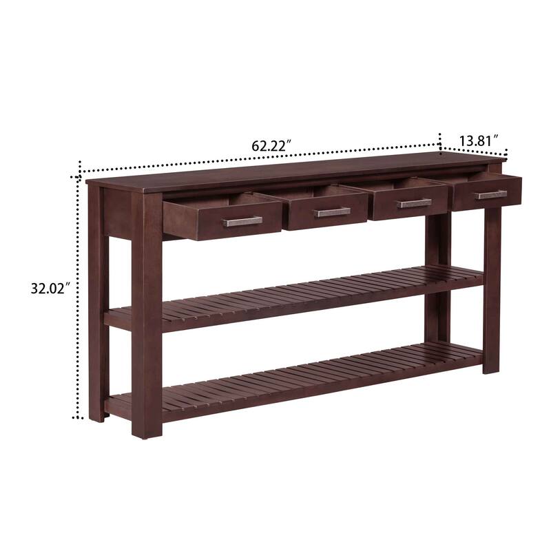 Classic Retro Wooden Living Room Hallway Console Table - Four Drawers and Two Bottom Shelves
