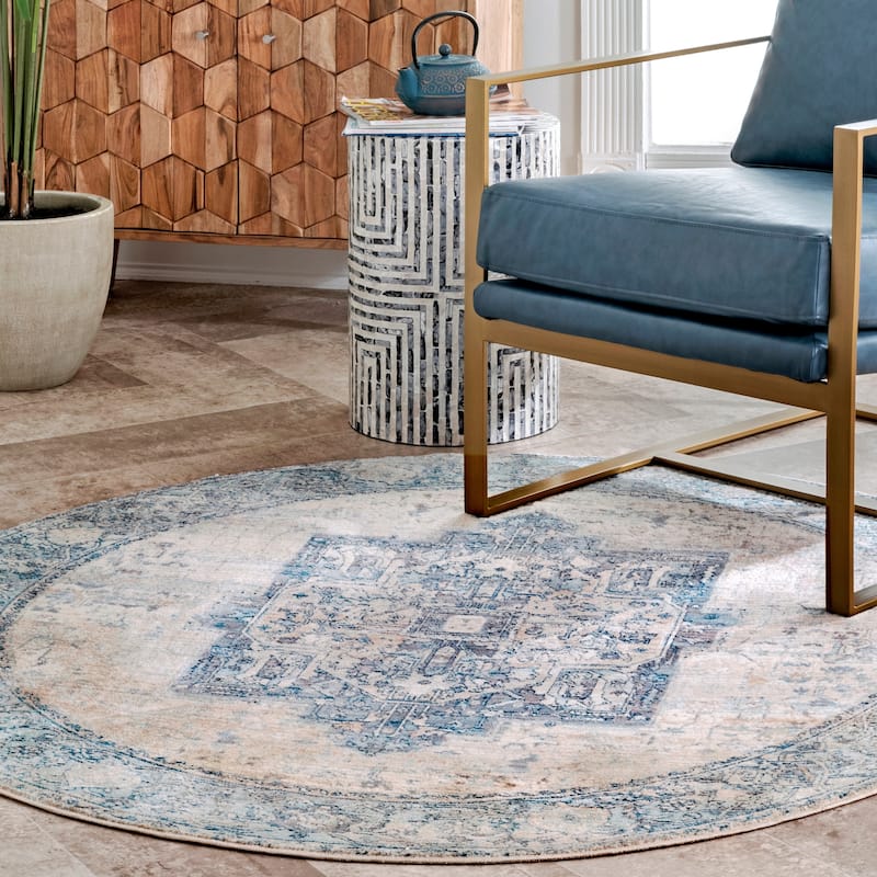 Nuloom Camila Faded Medallion Fringe Area Rug - 5' Round - Light Blue - Runner