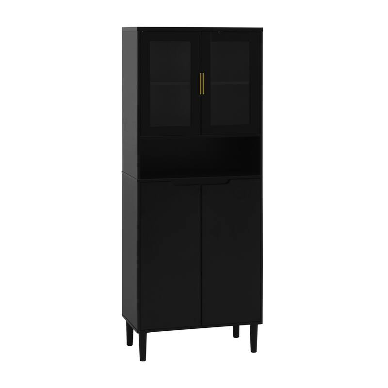 Tall Storage Show Cabinet with 2 Glass Display Door & 2 Doors, Modern Cabinet Freestanding for Bathroom, Dining Living Room