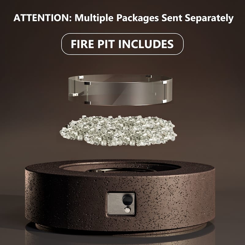 SUNBURY 42''Round Propane Fire Pit w Wind Guard and Fire Glass
