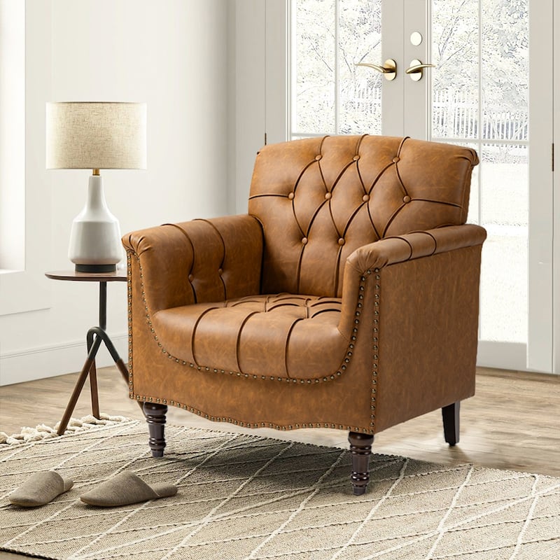 PU Leather Tufted Accent Chair with Nailhead Trim Armchair - Camel
