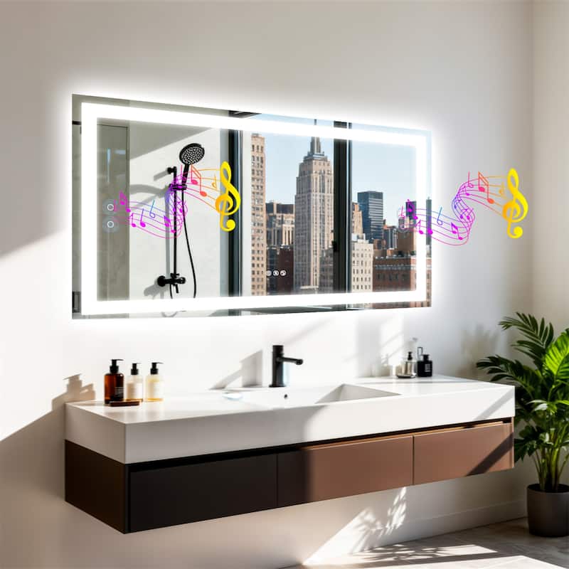 Rectangle Illuminated Bluetooth Bathroom Smart Tempered Glass Vanity Mirror with Double NdFeB Speakers