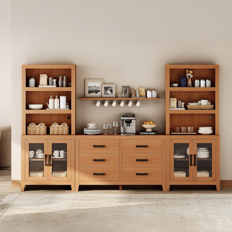 WAMPAT Farmhouse Entertainment Center with Bookshelves, Media Console with Glass Doors & 6 Storage Drawers