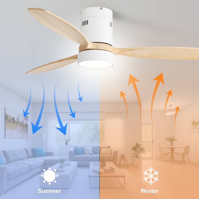 Sofucor 52inch Solid Wood Ceiling Fan with Lights and Remote,Flush Mount Quiet Reversible DC Motor,Smart Control Optional