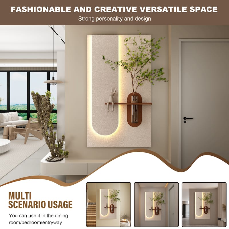 Adjustable 3-Color LED Sandstone Wall Decor with Simulated Plants -3D Art Sculpture,Glass Vase & Rabbit Statue,Remote Control